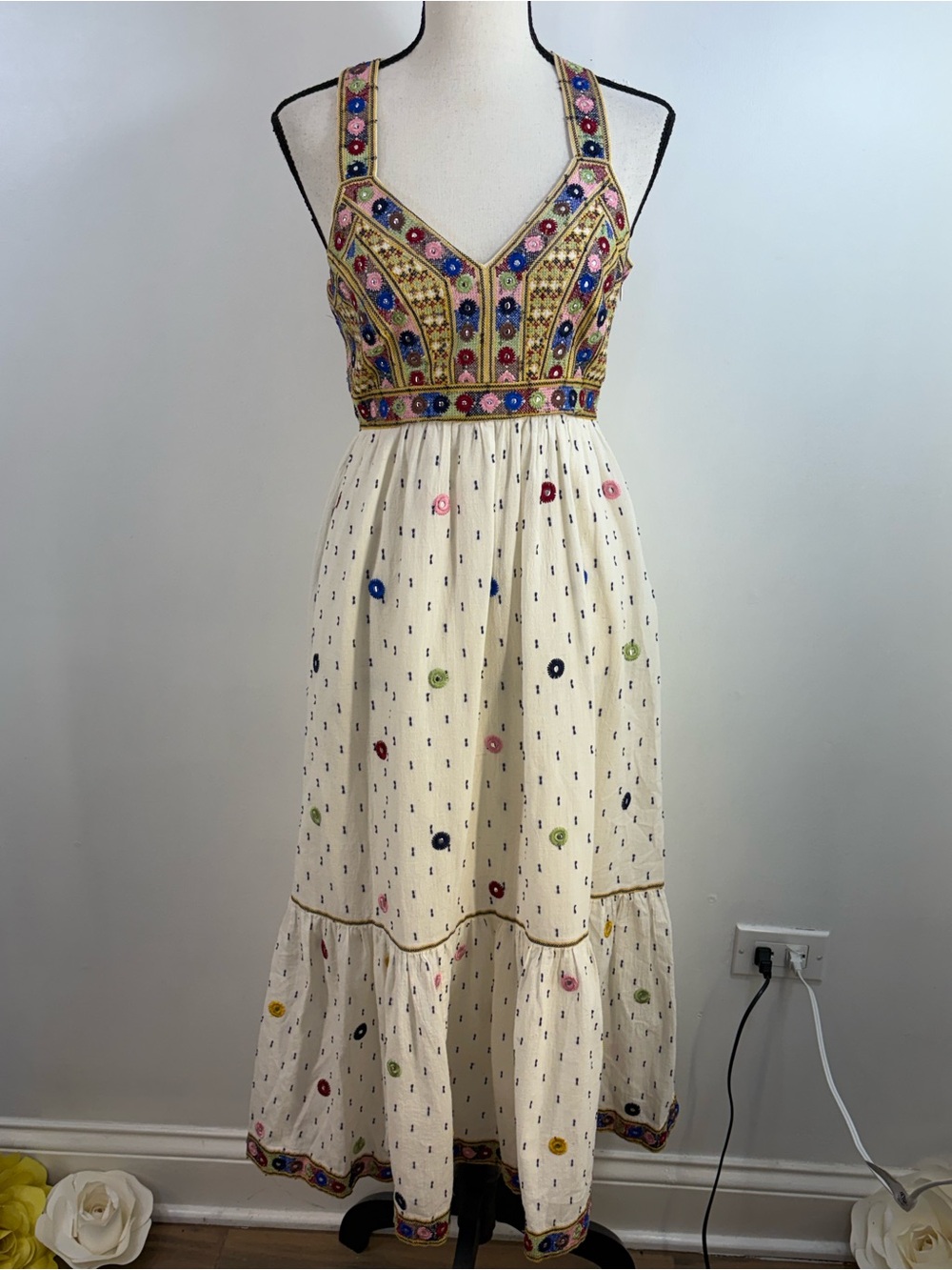 Cream Embroidered Maxi Dress with Multicolor Beaded Bodice
